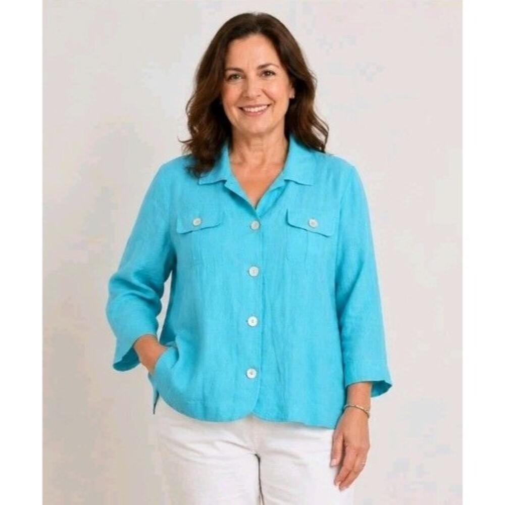 RUBY RD Womens 12 Shimmer 3/4 Sleeve Office Causal Button Up Turquoise Blue Top